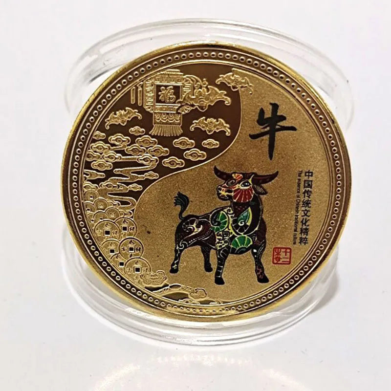 médailles zodiaque chinois animaux symboles yin yang decoration florale or rouge noire bleu verte