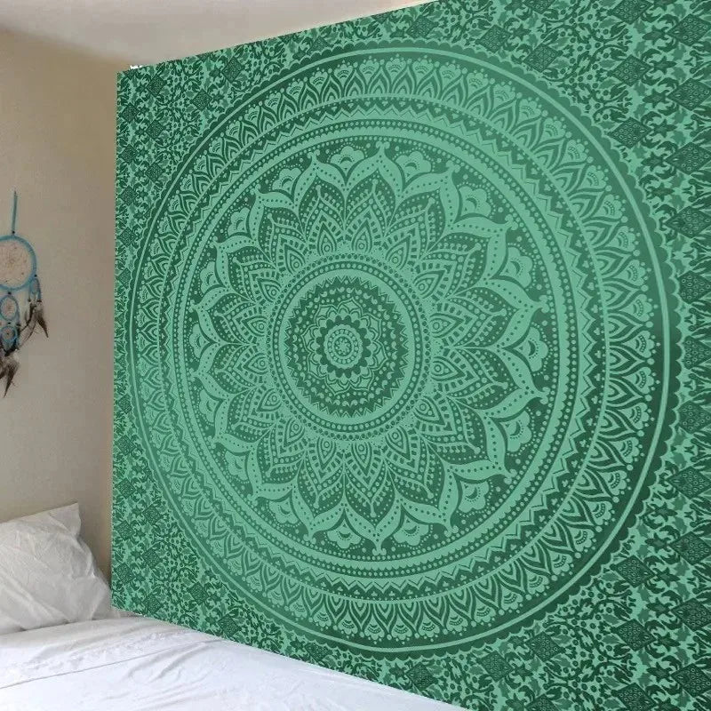 tapisserie mandala bohème verte blanche motif floral décoration murale chambre salon portable camping