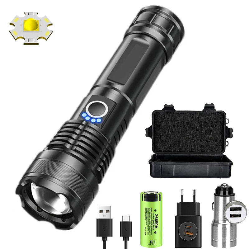 torche rechargeable led puissante zoom camping résistante autodéfense lisse noire