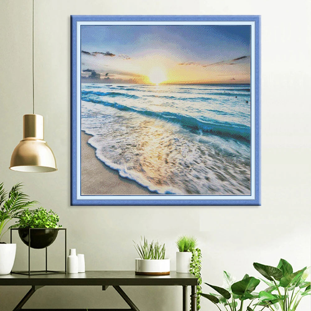 broderie paysage coucher soleil fil éco coton aiguille plan cadre inclusion kit artisanal traditionnel