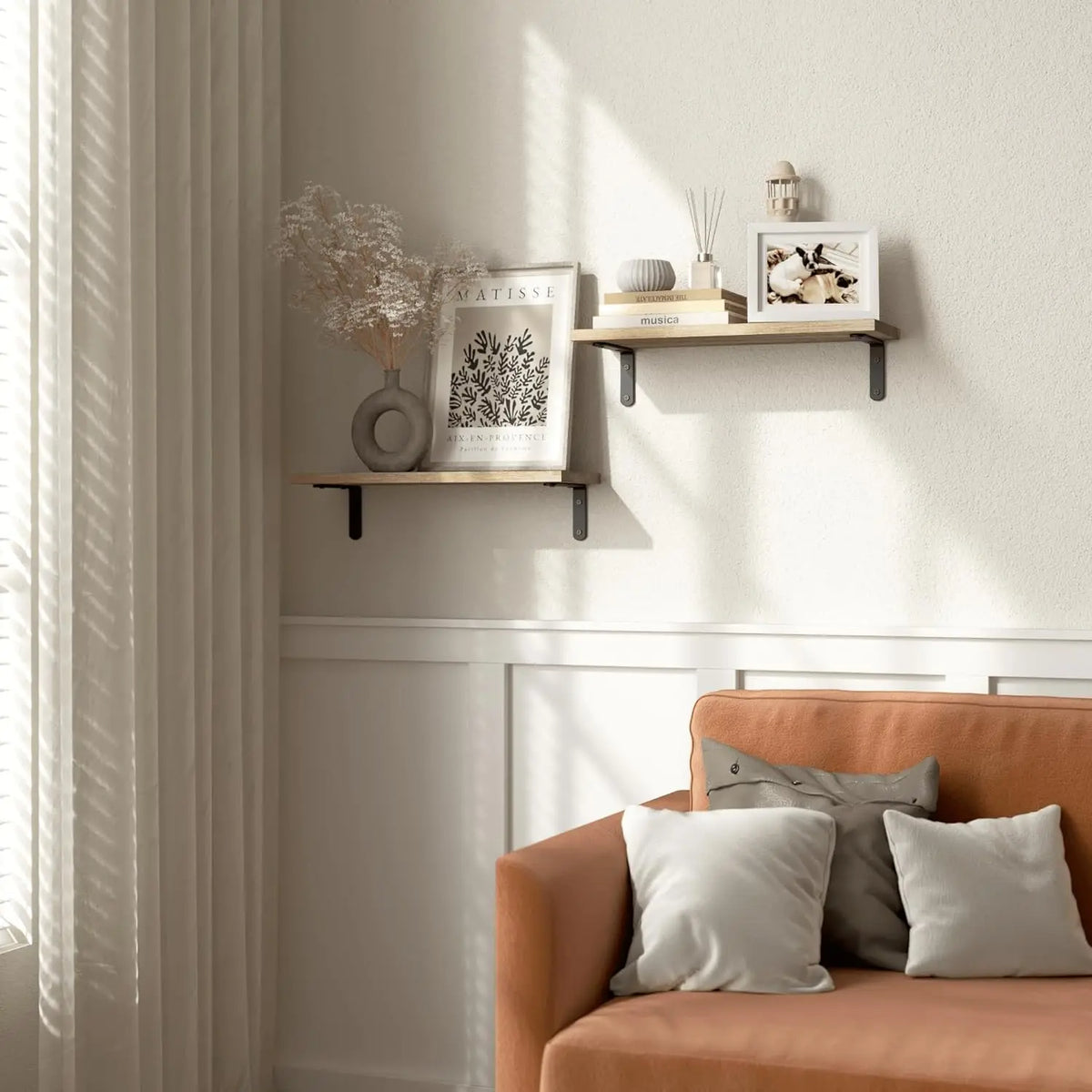 étagères murales bois gris moderne respectueux environnement double niveaux cuisine déco objet