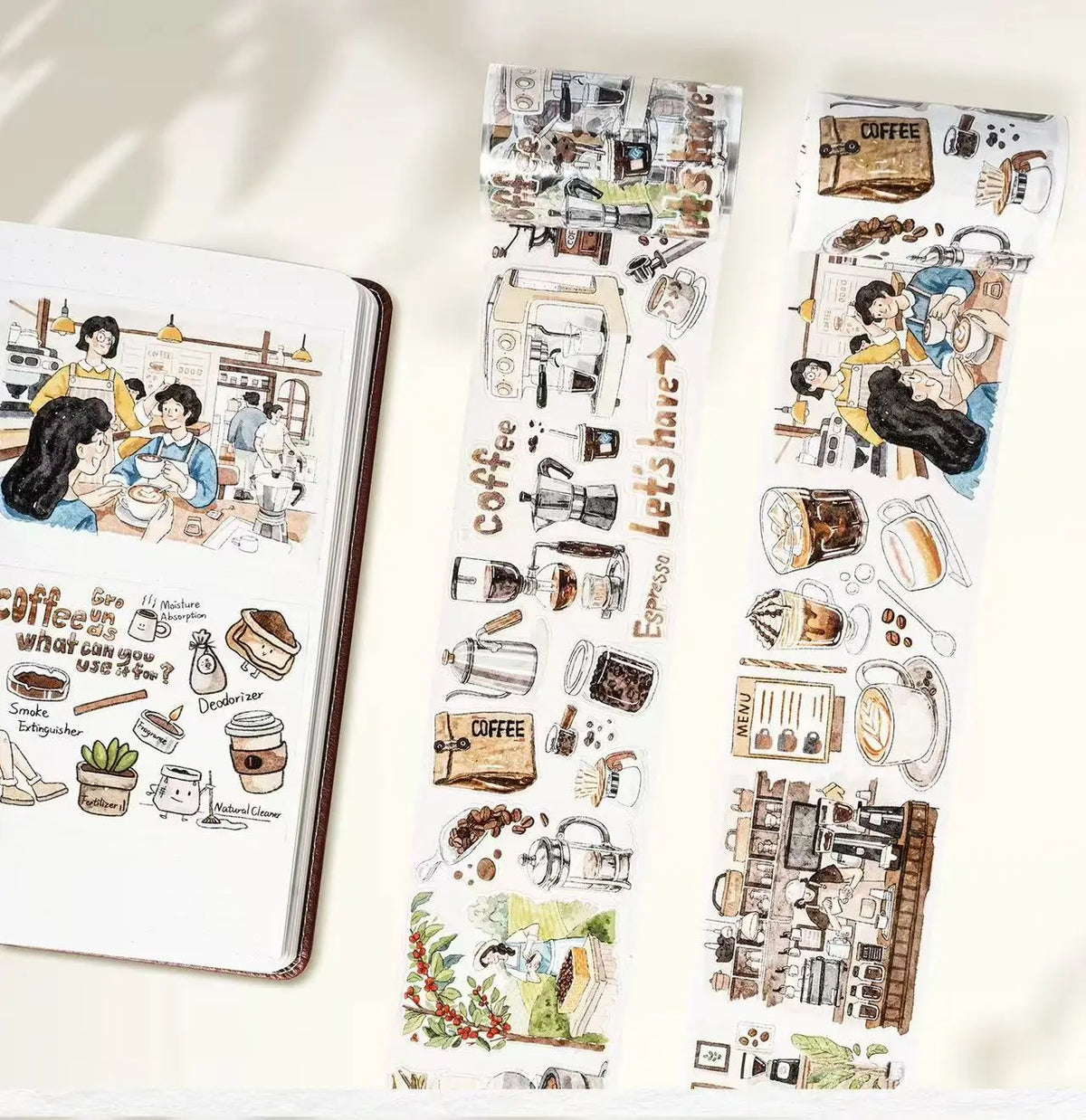 ruban decoratif illustrations personnes espresso lettres adhesif blanc marron bleu vert