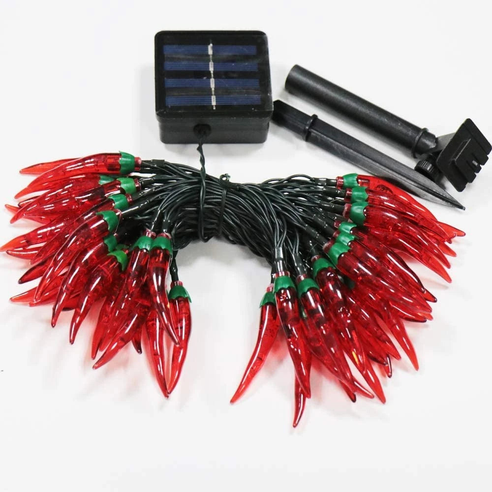 guirlande lumineuse piments rouges extérieure festive piments translucides texture décorative panneau solaire autoinstallation led