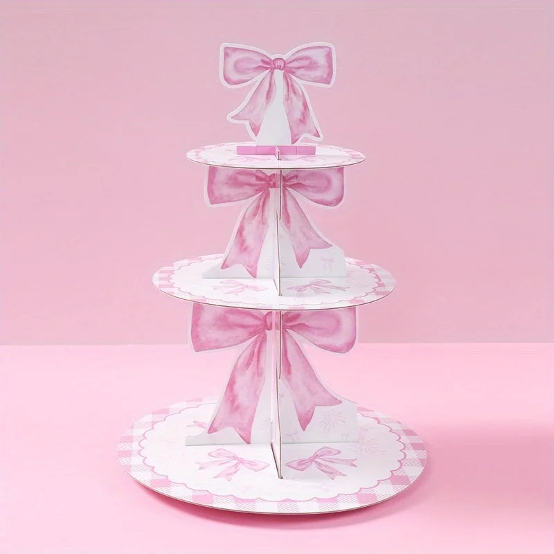 présentoir gâteaux trois niveaux papier rose blanc rubans aquarellés motifs carreaux décoration fête anniversaire