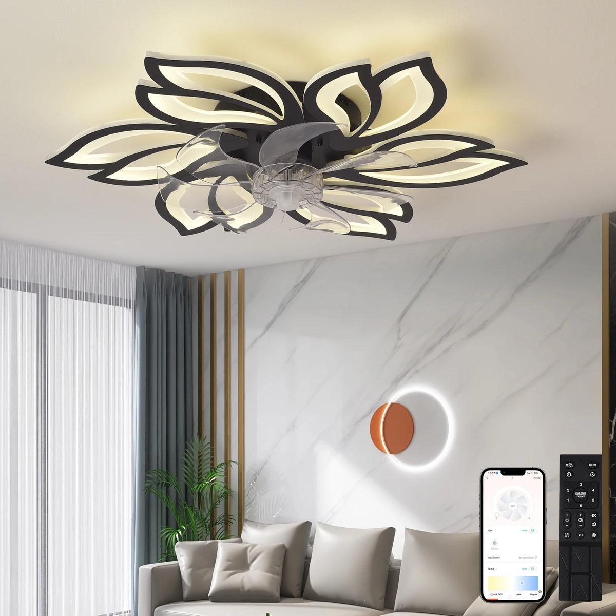 lampe led moderne télécommande feuilles stylisées blanc noir réglable
