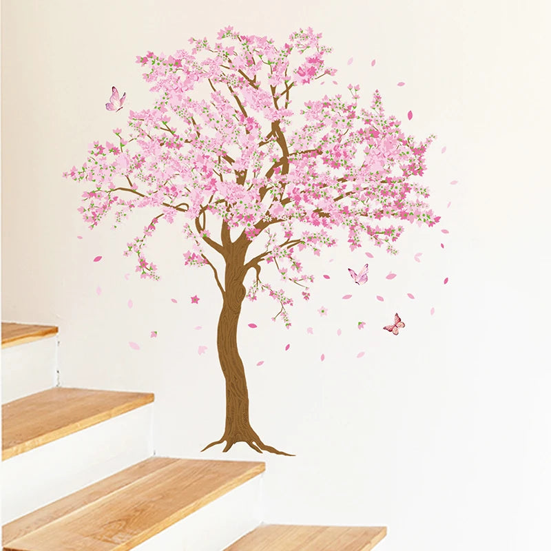 sticker mural fleurs cerisier papillons rose brun décoration enfant chambre salon familial