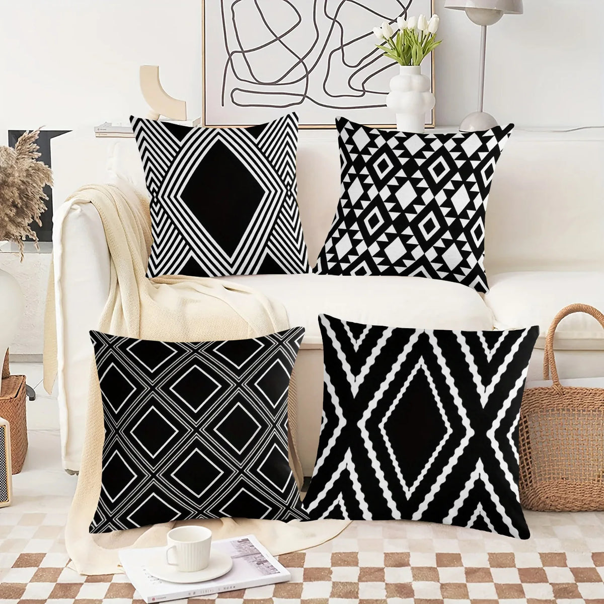 housse coussin polyester motif géométrique noir blanc moderne lit salon voiture