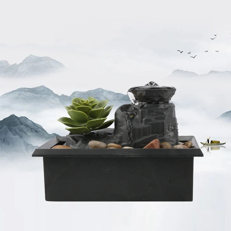 fontaine intérieure moderne fleur plante succulente éclairage led noir blanc pierres cascade décoration maison