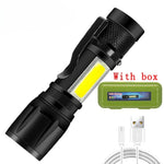 torche portable led rechargeable zoom télescopique batterie usb boîte moderne noire intense