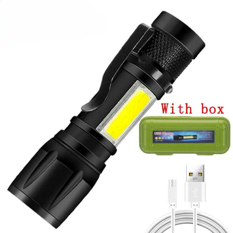 torche portable led rechargeable zoom télescopique batterie usb boîte moderne noire intense