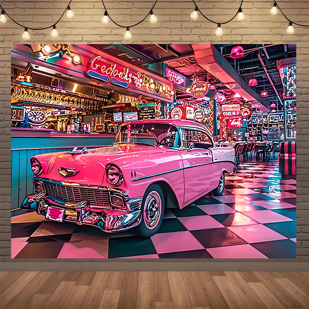 affiche murale pop art voiture vintage géométrique rose bleu noir blanc occasion fête