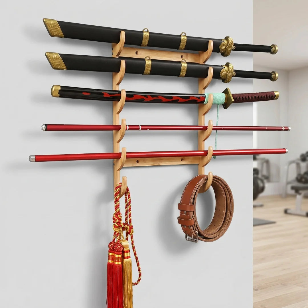support mur épées sabres katanas japonais traditionnels deco épingle bois clips marronclair