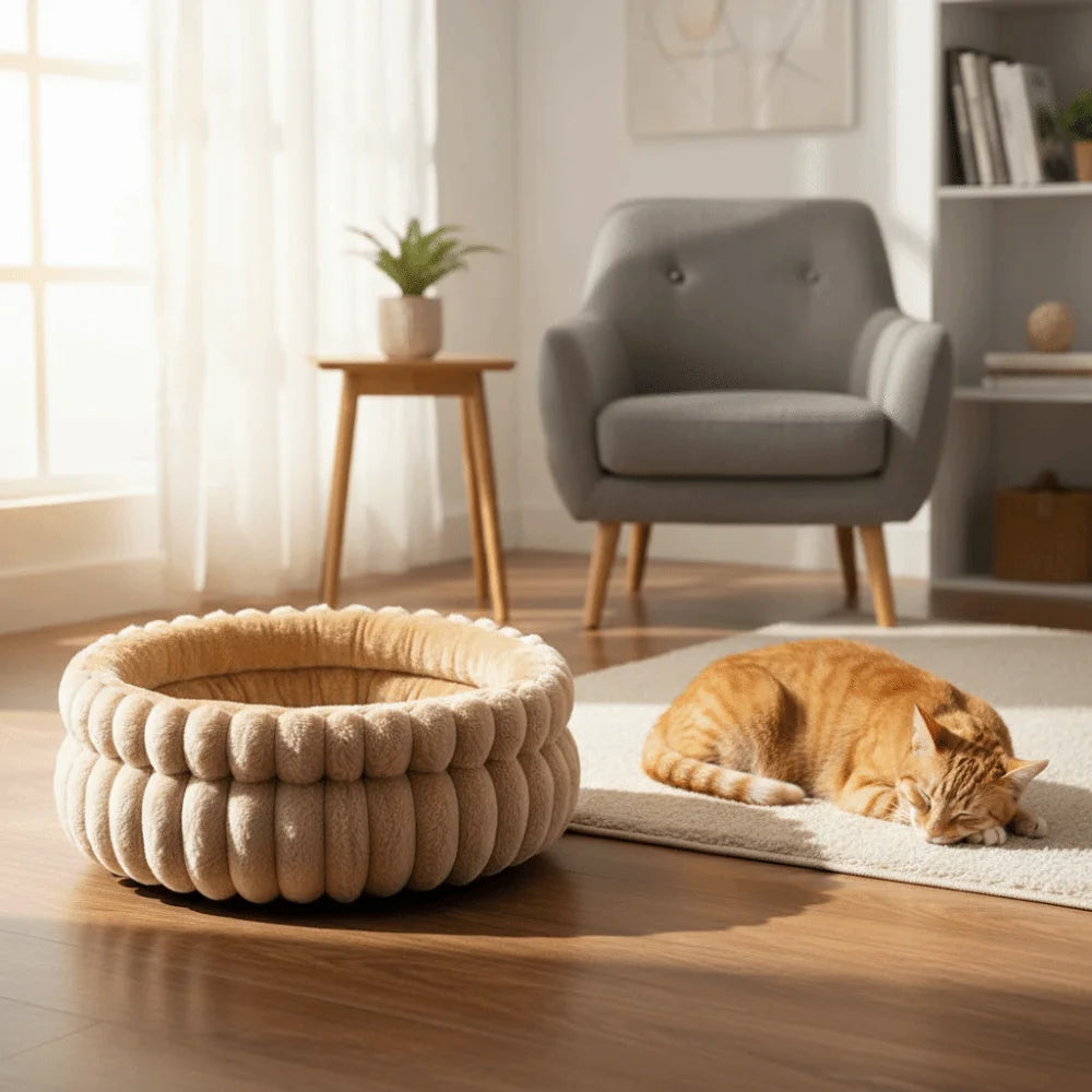 lit chat velours doux beige gris moderne confortable coussin amovible