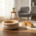lit chat velours doux beige gris moderne confortable coussin amovible