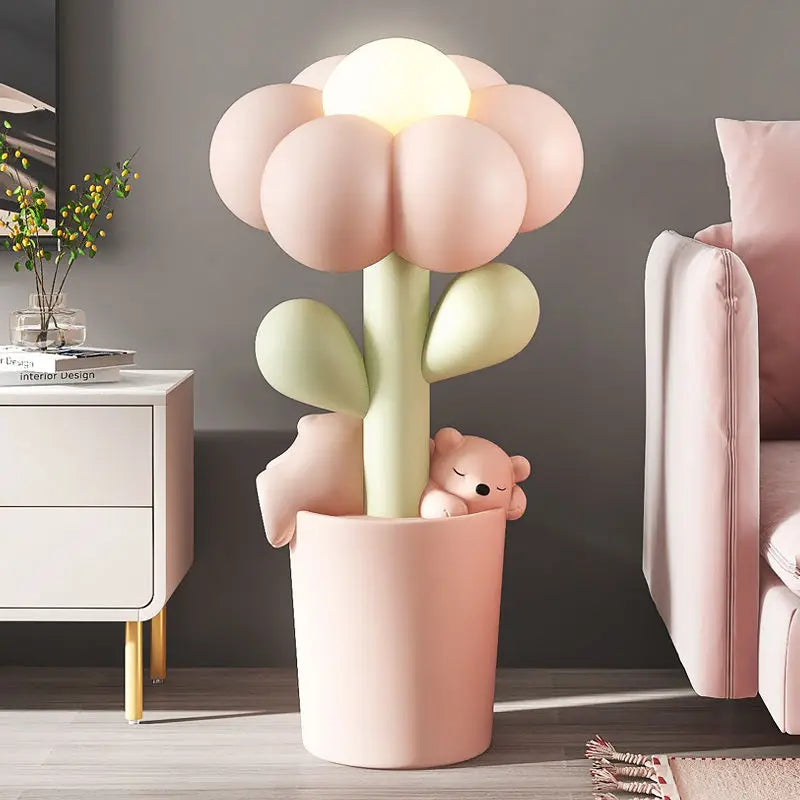 lampe pied fleur ours peluche rose verte blanche moderne enfant 85cm haute living room