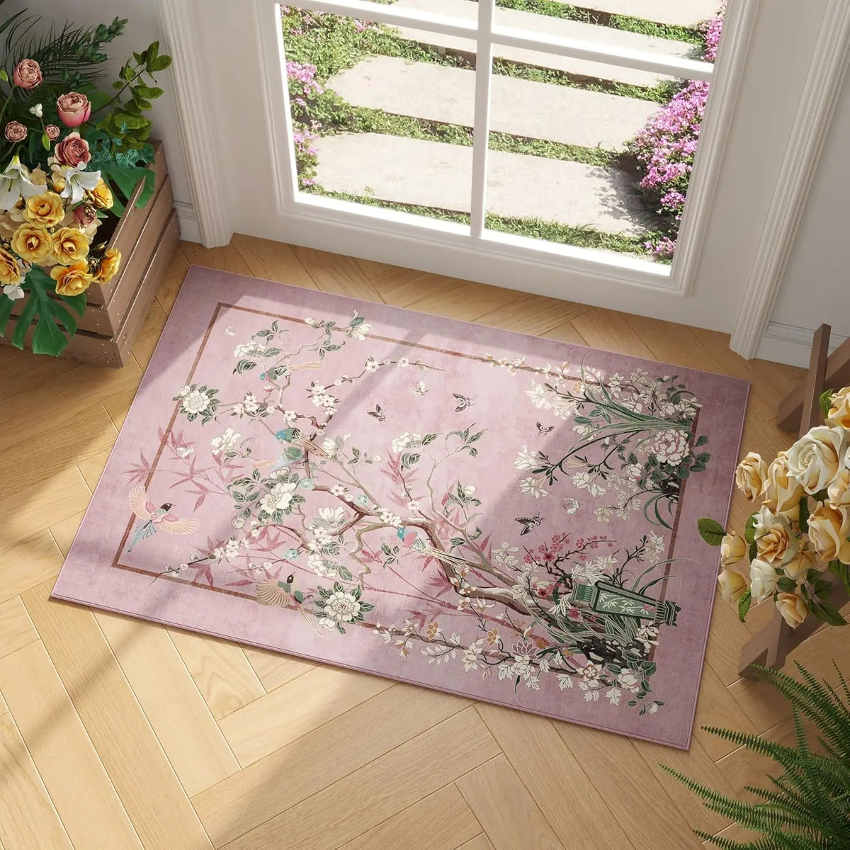 tapis sol floral oiseaux fleurs vert bleu beige résistant antidérapant moderne