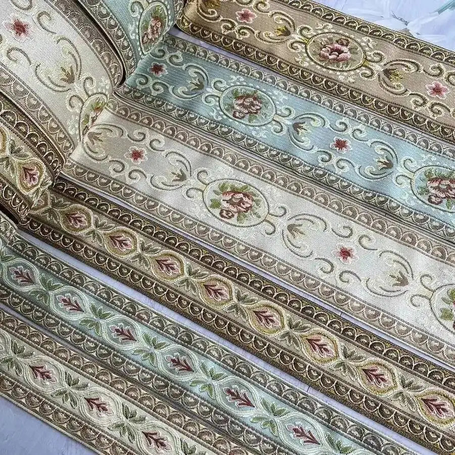 ruban brodé floral largeur 6cm motifs végétaux classique coton polyester multicolor off white sky