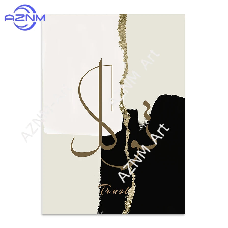 affiche murale art abstrait peinture huile toile noir beige doré décoration salon luxe moderne