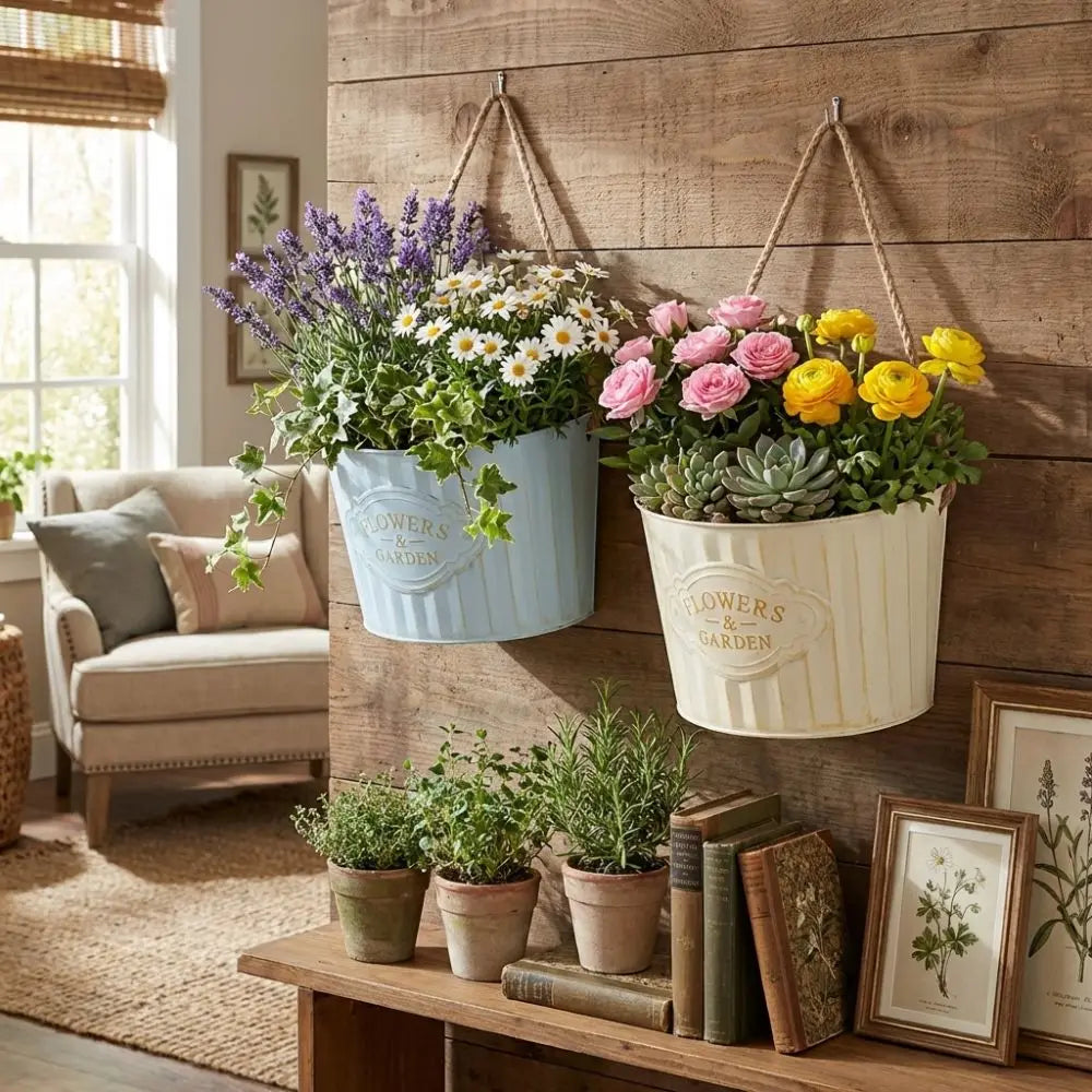 pots fleurs suspendus vintage bleu clair beige rayures flowers garden rustic