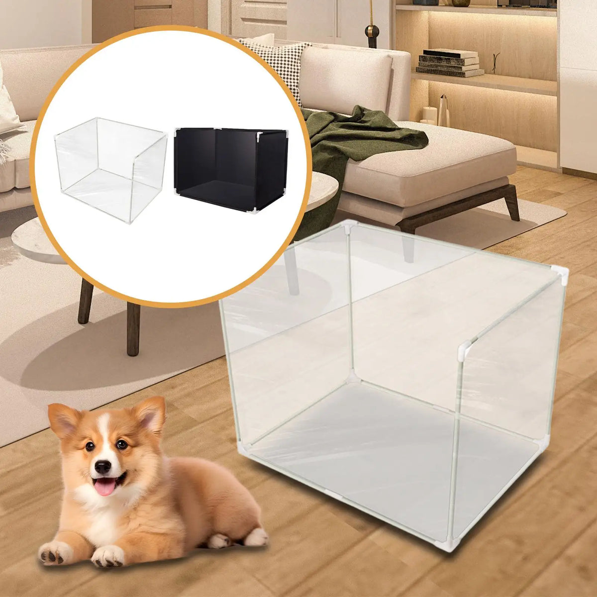 toilette portable chiens cage transparente noir clips tapis absorbant moderne fonctionnel