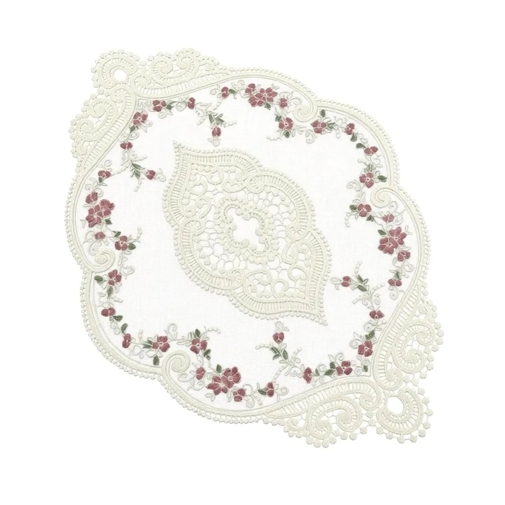 serviette table vintage brodée dentelle beige clair rose pâle vert clair 44x31cm