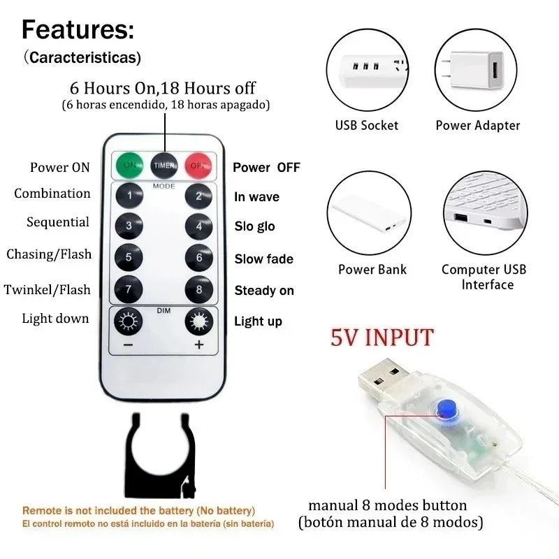 rideau lumineux led blanc doré moderne transparent télécommande usb adaptable noël ramadan nouvel an
