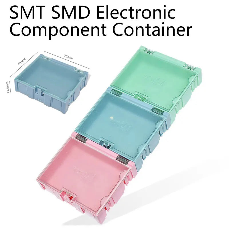 boîtes rangement composants électroniques bleu clair vert rose plastique lisse clips pratique compact