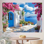 décoration murale paysage grec bleu blanc rose vue mer porte extérieure mariage anniversaire événements