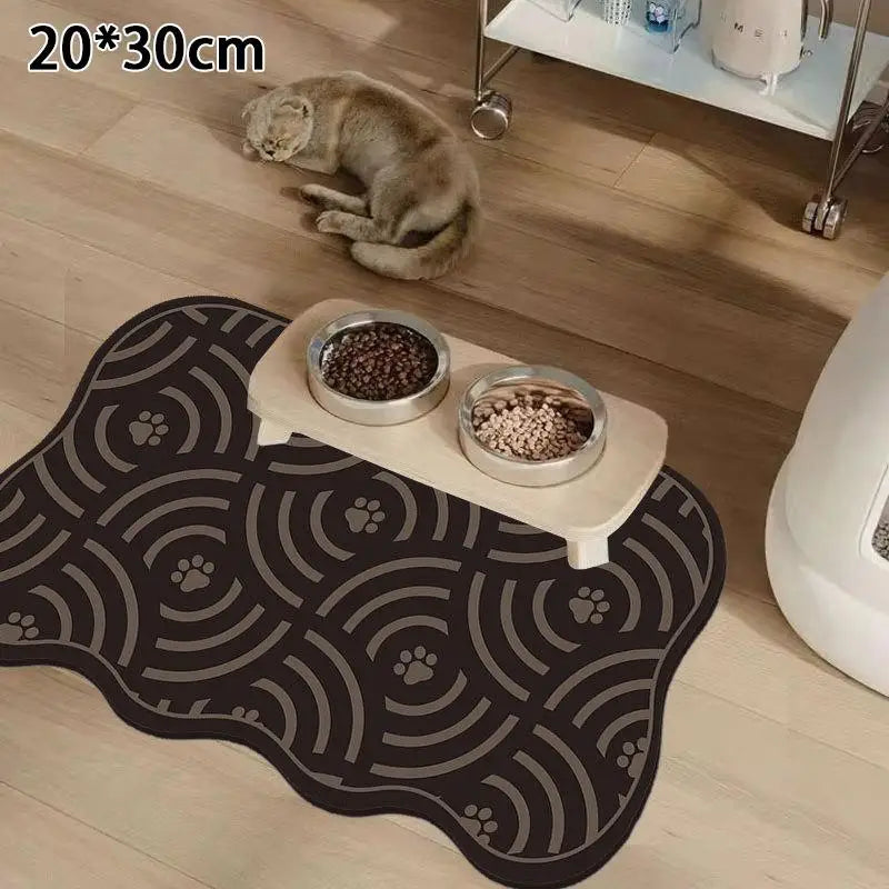 tapis nourrir animal blanc gris motif géométrique moderne anti dérapant deux bols métal