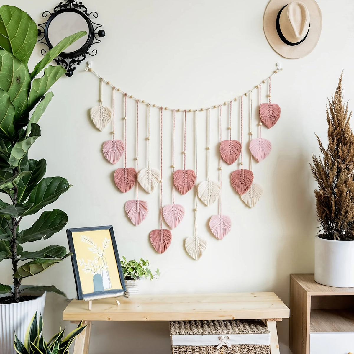guirlande murale boho chic feuilles rose clair tissées artificielles crochets salon chambre