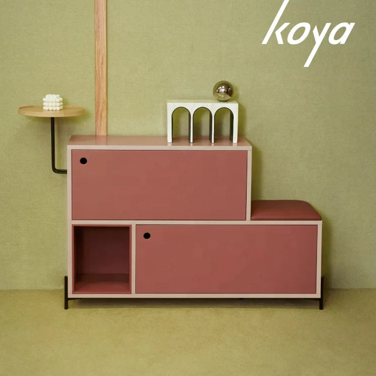 meuble rangement chaussures rose moderne pieds noirs compartiments ouverts minimaliste