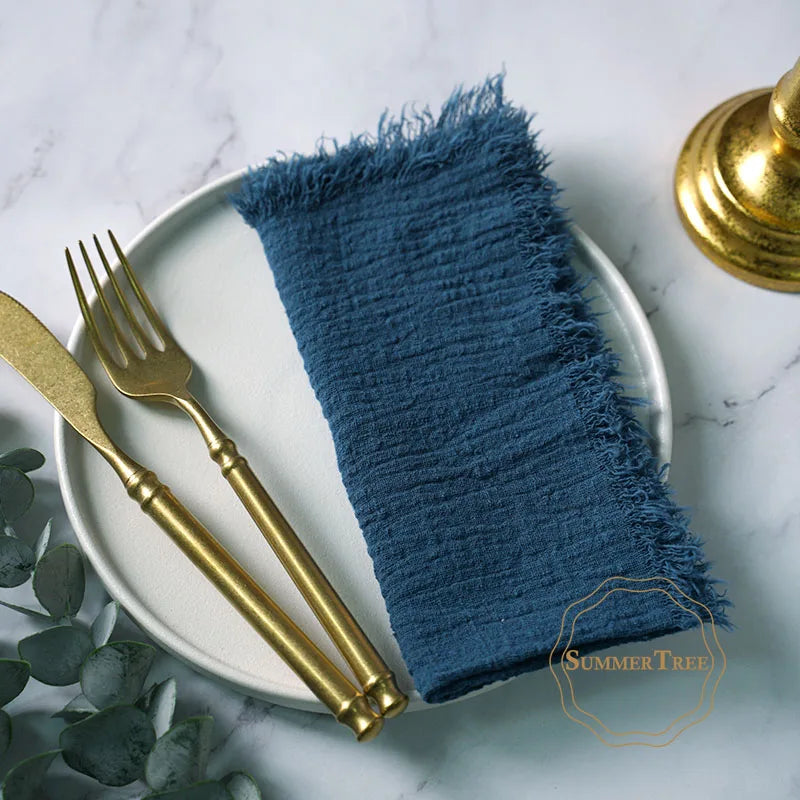 serviettes cuisine rustiques coton noir orange beige blanc rose pâle franges rustic naturel