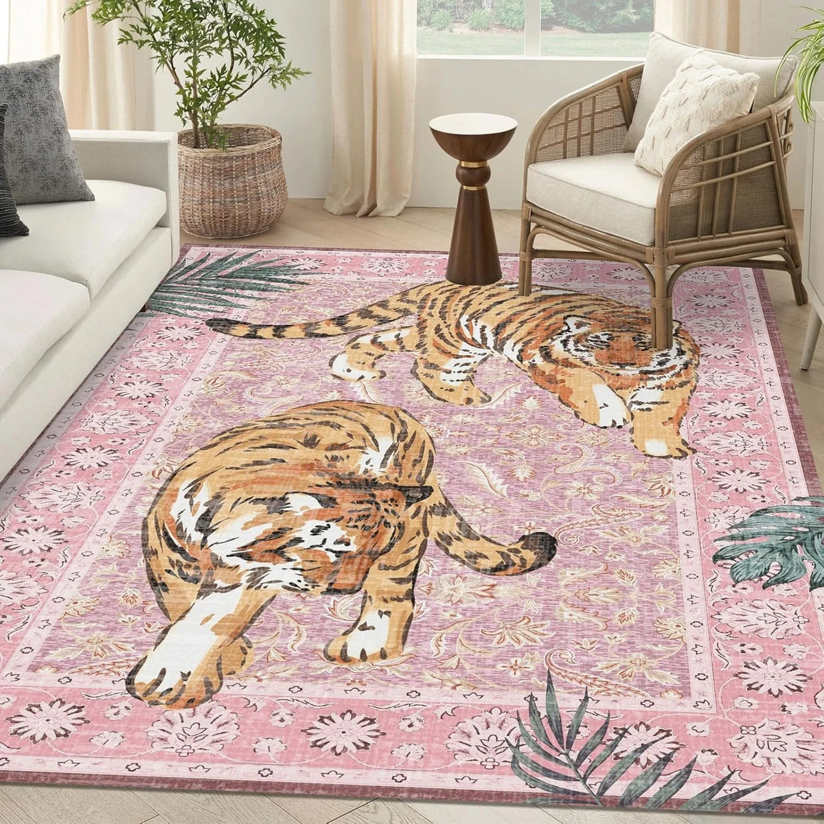 tapis rose tigres motifs géométriques velours mousse antidérapant chambre moderne vintage