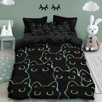 parure lit chats stylisés oreillers motif moderne enfant noir vert bleu jaune
