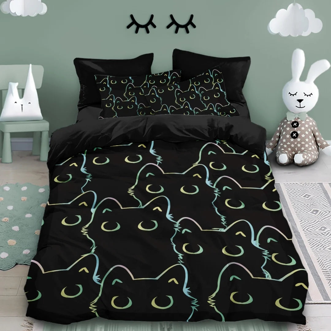 parure lit chats stylisés oreillers motif moderne enfant noir vert bleu jaune