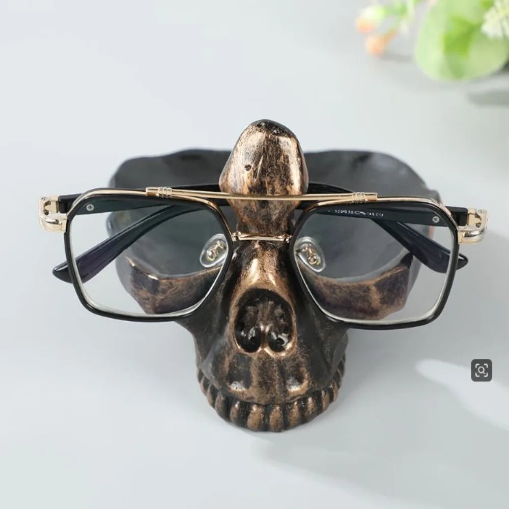 porte lunettes crâne forme ornière gothique vieillie résine transparent or noir