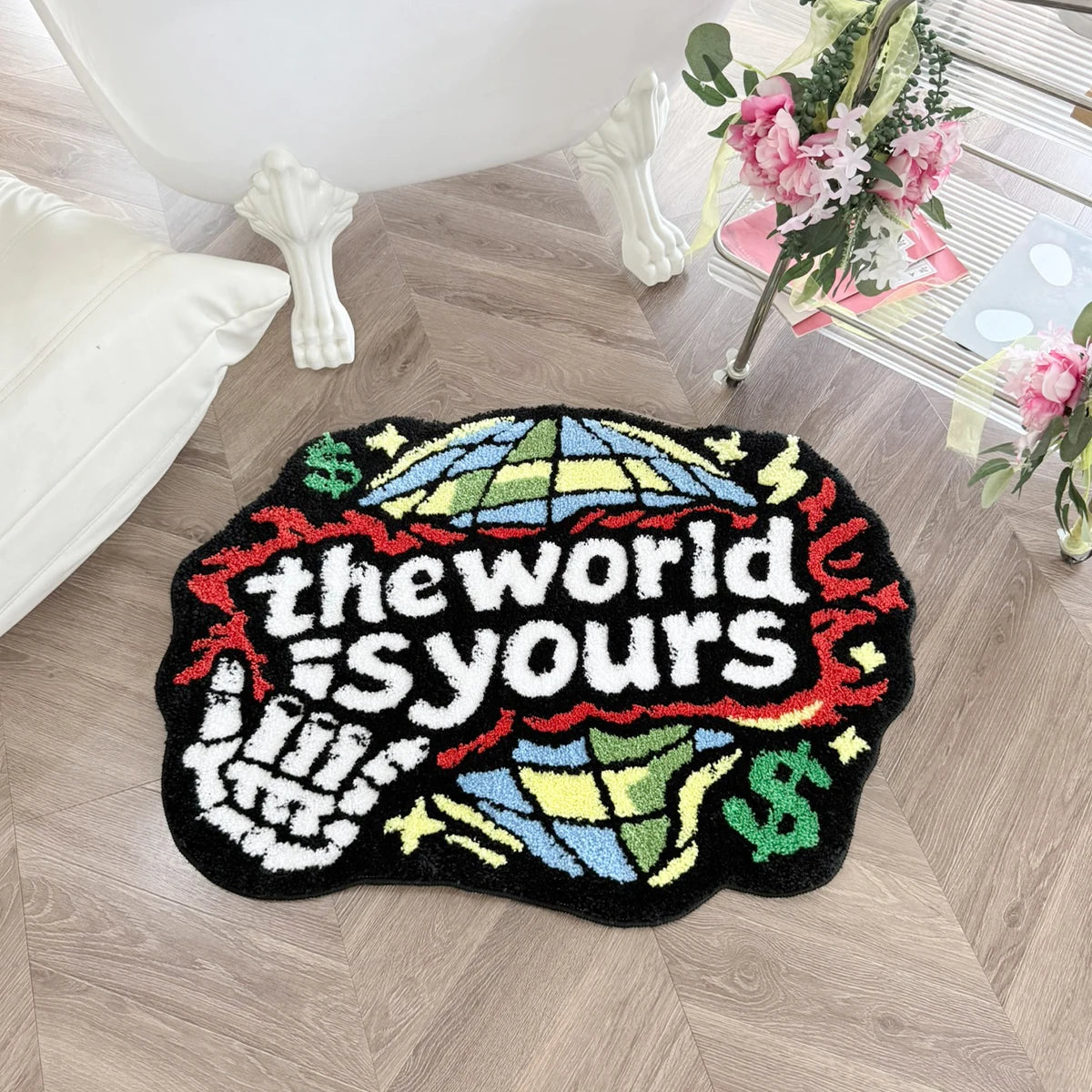 tapis tufté carte monde texte monde est vous symboles monétaires créatif pop art polygone