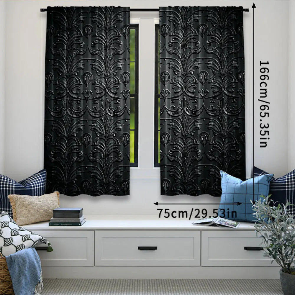 rideau deux pièces polyester motifs floraux relief noir élégants tringle rideau dimensions variées
