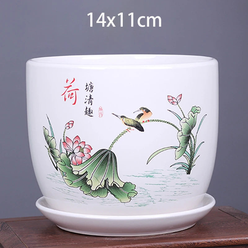 vase decoratif art traditionnel chinois cache pot fleurs oiseaux calligraphie chinoise blanc rouge vert