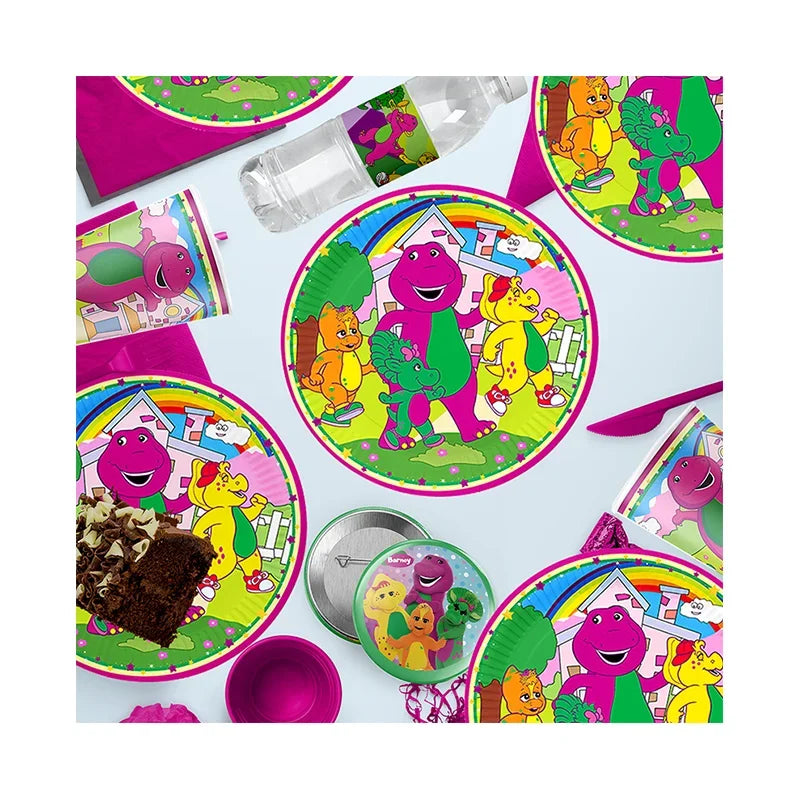 ballons dessins animés assiettes gobelets bannières anniversaire barney arc ciel nuages pois multicolores enfants
