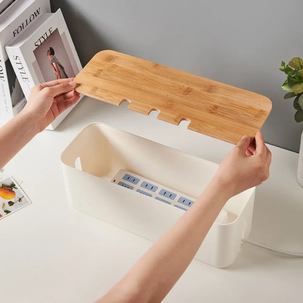 boîte rangement blanc texture bois moderne organisation fil câble réutilisable plastique