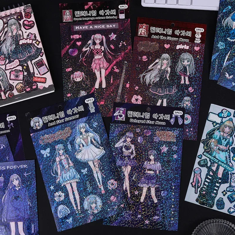autocollants manga personnages textes confettis bleu violet noir blanc opaques scrapbooking álbum journal intime