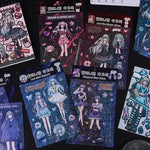 autocollants manga personnages textes confettis bleu violet noir blanc opaques scrapbooking álbum journal intime