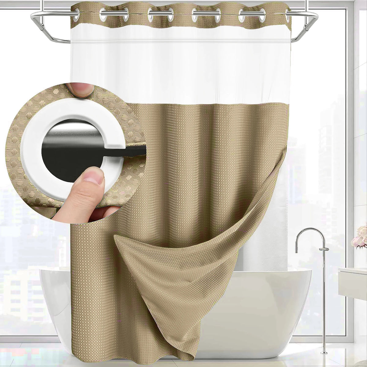rideau douche moderne noir gris clair texture relief aimants lestés liner intégré tissu opaque