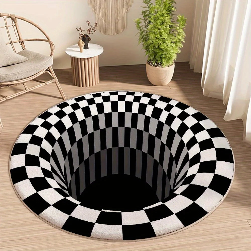 tapis rond effet 3d carreaux géométriques noir blanc moderne polyester antidérapant salon chambre bain