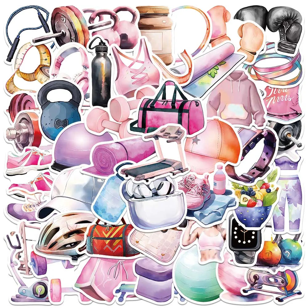 autocollants fitness rose bleu orange violet blanc noir adhésifs décoration sport yoga sac eau