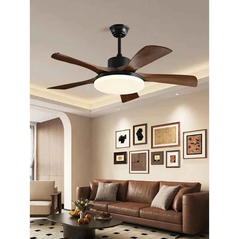 ventilateur moderne noir bois lampe led télécommande flux lumineux haute performance
