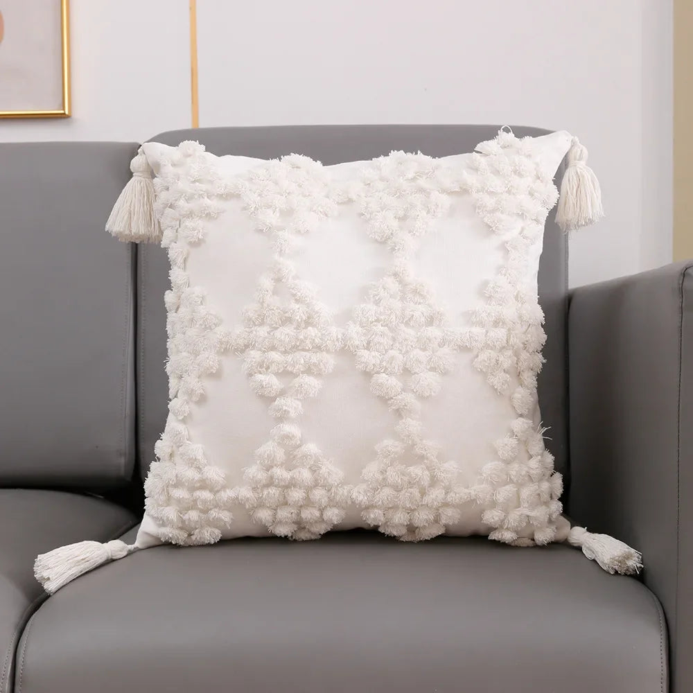 coussin carré géométrique blanc boho chic franges opaques décoration maison voiture