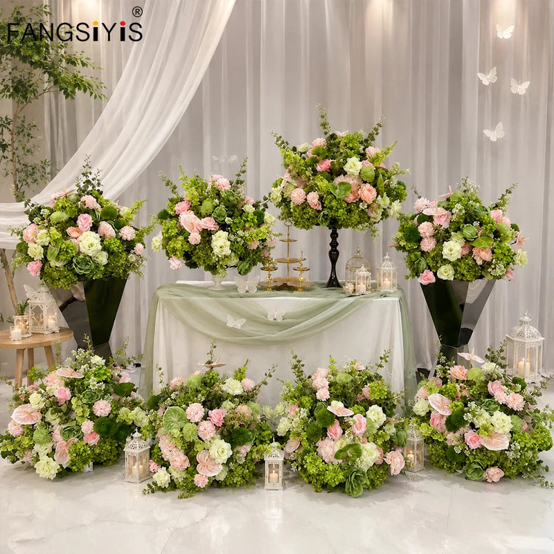 décoration mariage événement rose vert fleurs naturelles romantiqueextérieur table centre