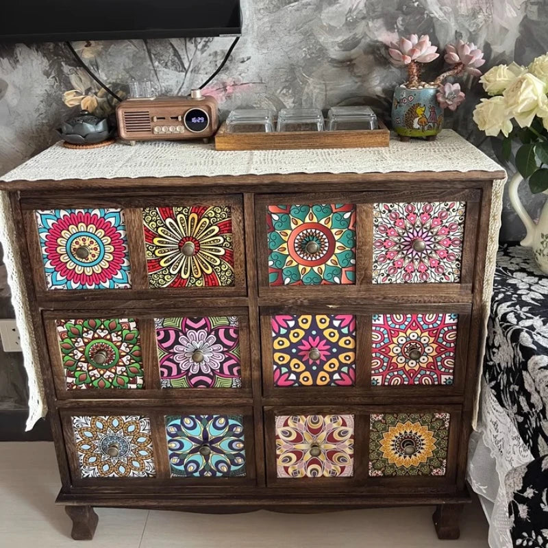 commode vintage rustique tiroirs floraux bois foncé organisateur chambre coucher bois massif